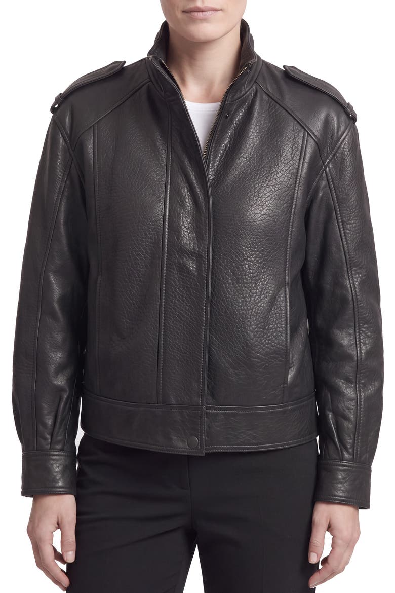 Leather Bomber Jacket, Main, color, BLACK