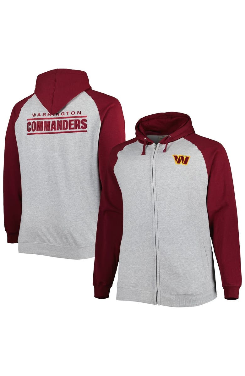 PROFILE Men's Heather Gray Washington Commanders Big & Tall Fleece Raglan Full-Zip Hoodie Jacket, Main, color, Heather Gray
