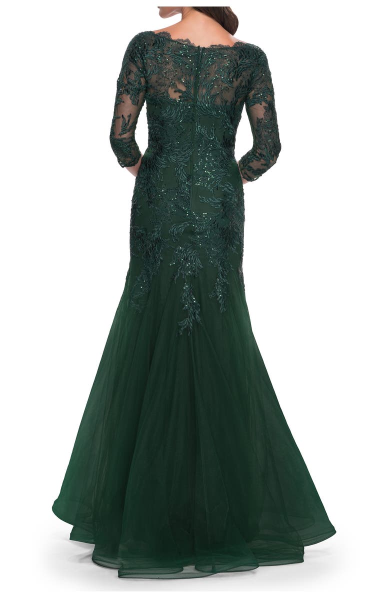 La Femme Mermaid Tulle and Lace Dress with Scallop Detailed Neckline, Main, color, Emerald