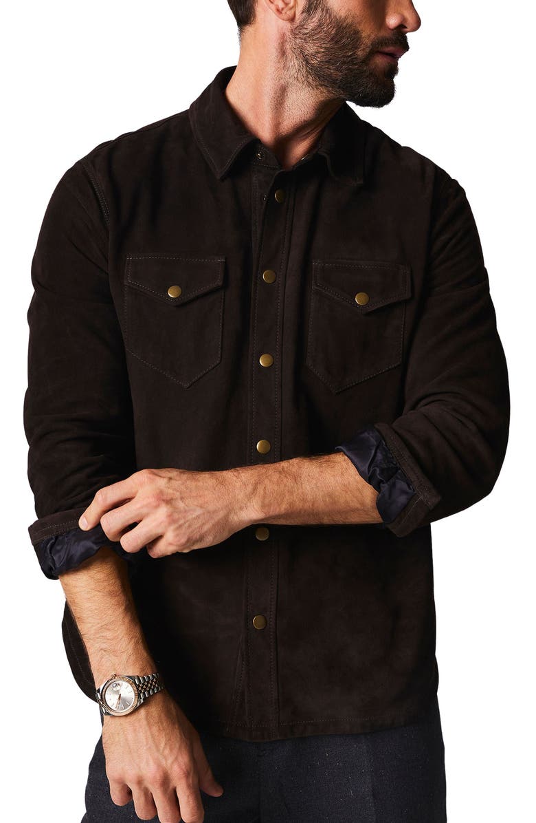 Billy Reid Suede Snap Front Work Shirt, Main, color, Chocolate