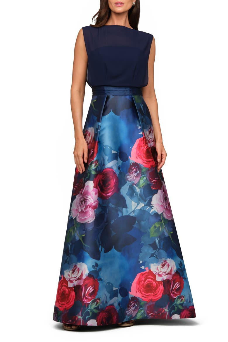 Eileen Sleeveless Mixed Media Gown, Main, color, INK BLUE MULTI