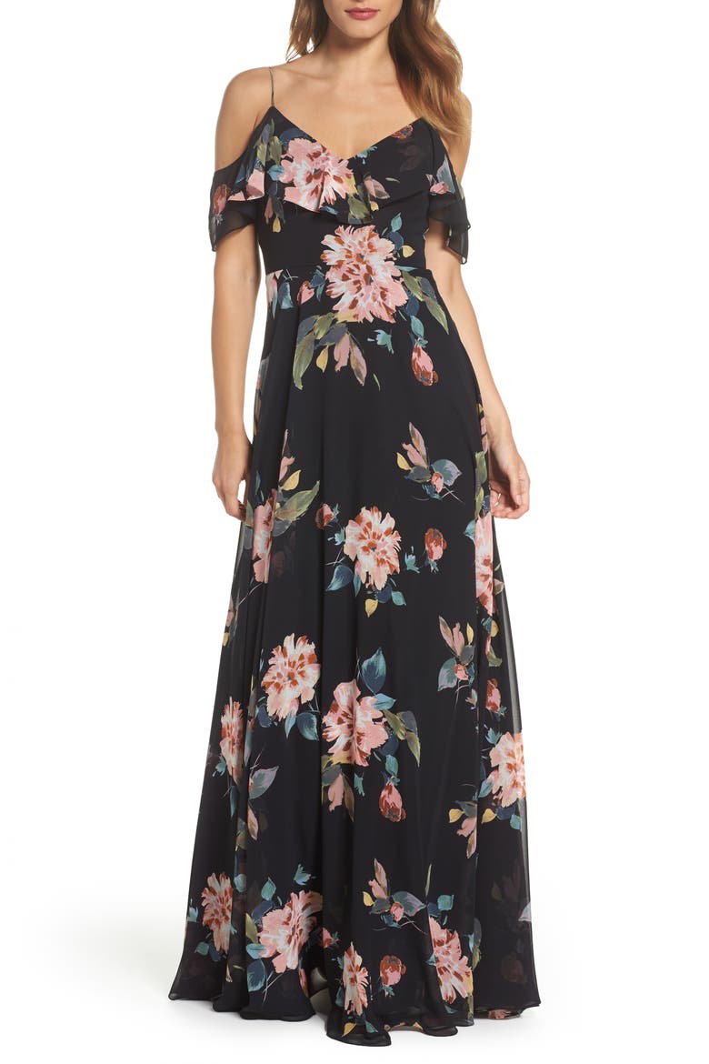 Mila Cold Shoulder Gown, Main, color, BLACK MULTI