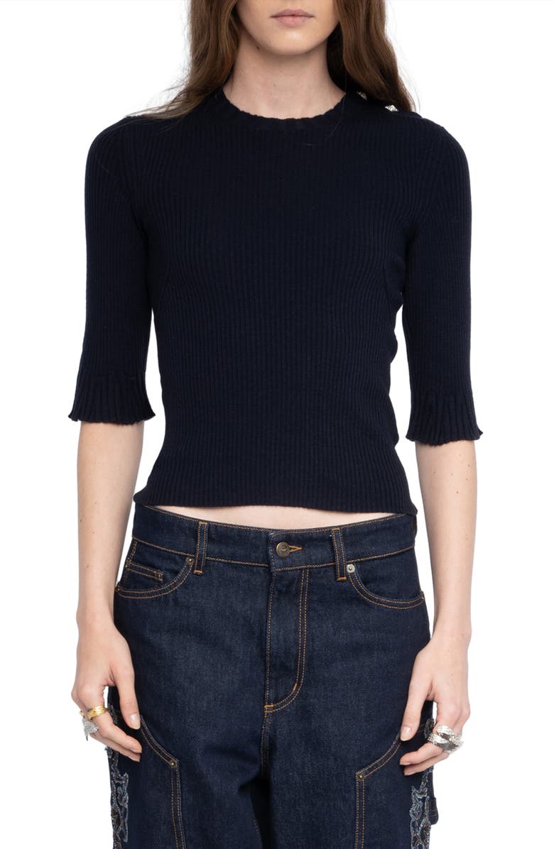 Zadig & Voltaire Fobee Rhinestone Rib Merino Wool Sweater, Main, color, Encre