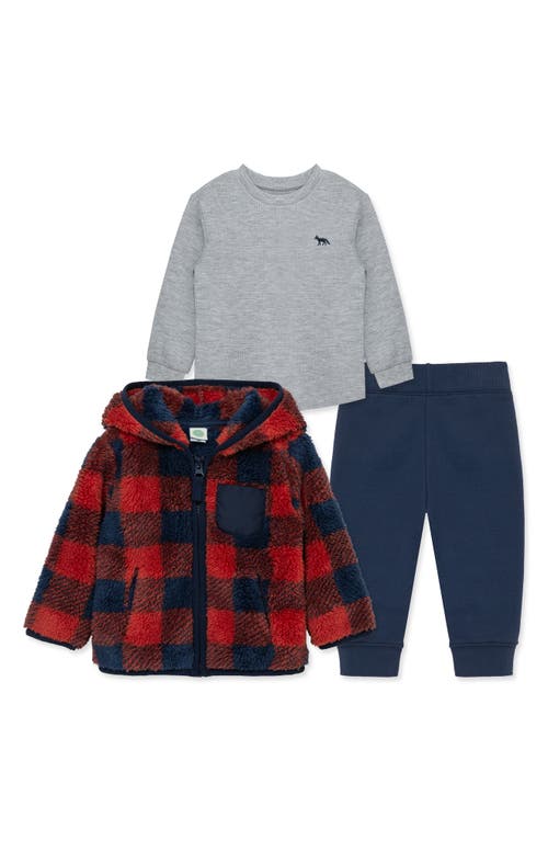 Little Me Check Fleece Hooded Jacket, Thermal T-shirt & Pants Set In Multi