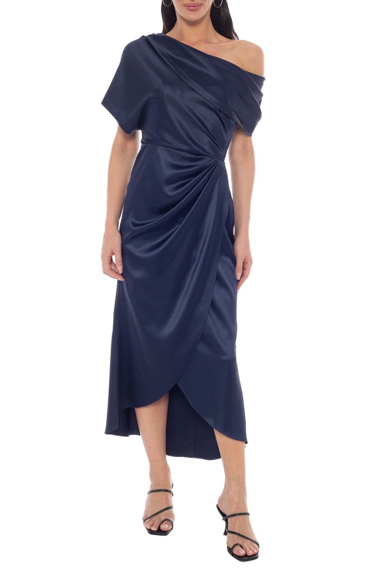 Twill Stretch Satin One-Shoulder Gown, Main, color, NAVY