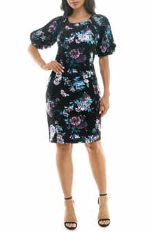 Nina Leonard Floral Puff Sleeve Dress