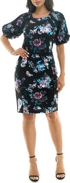 Nina Leonard Floral Puff Sleeve Dress
