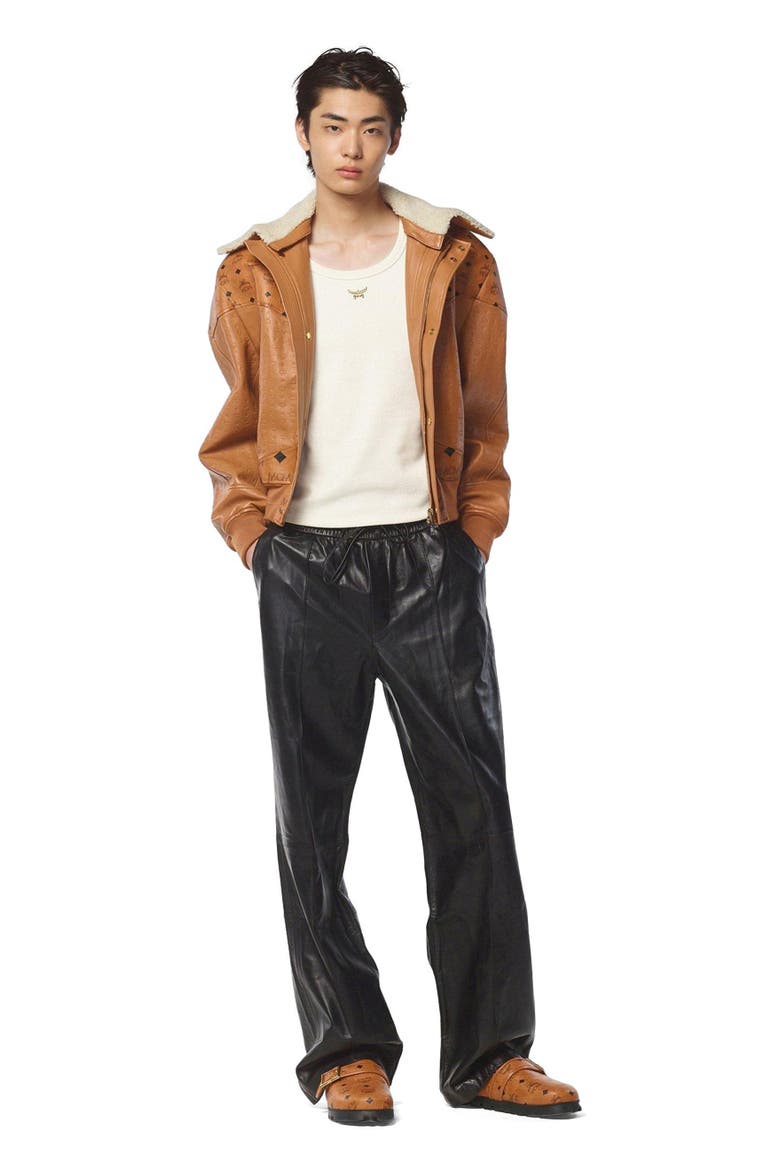 Shearling Bomber Jacket in Visetos Leather Mix, Main, color, cognac