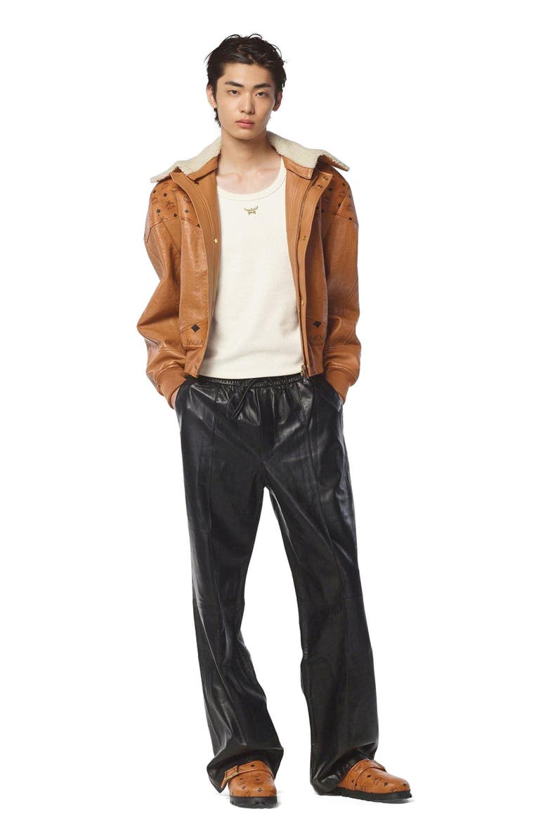MCM Shearling Bomber Jacket in Visetos Leather Mix, Main, color, Cognac