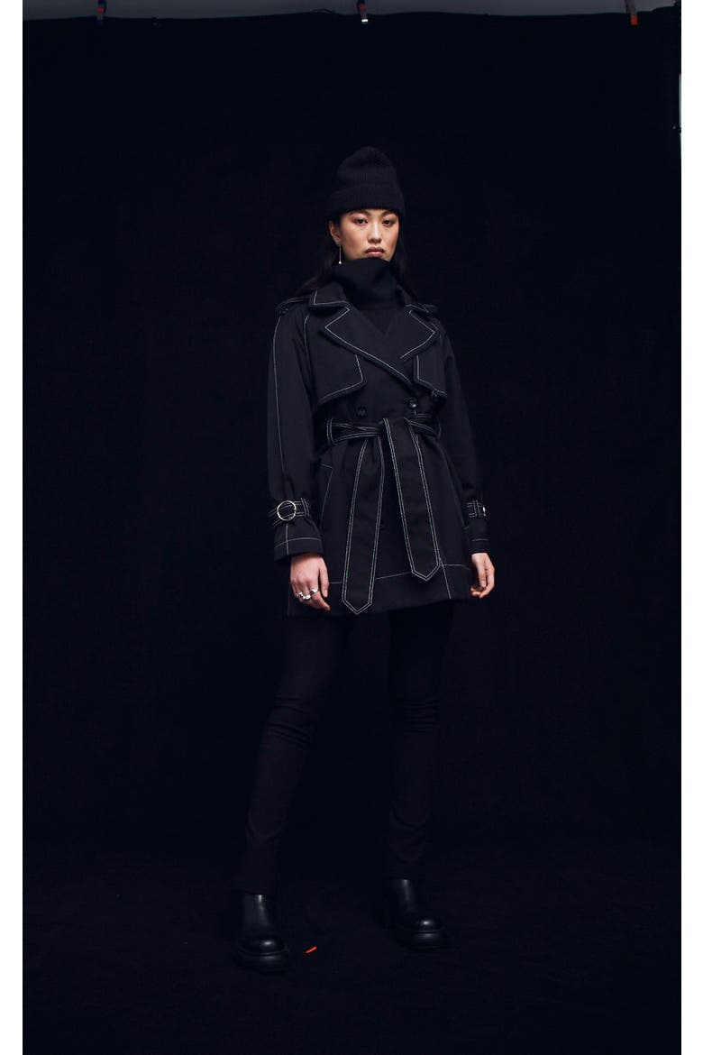 Sustainable Water-Resistant Short Trench Coat, Alternate, color, Black / Off-white