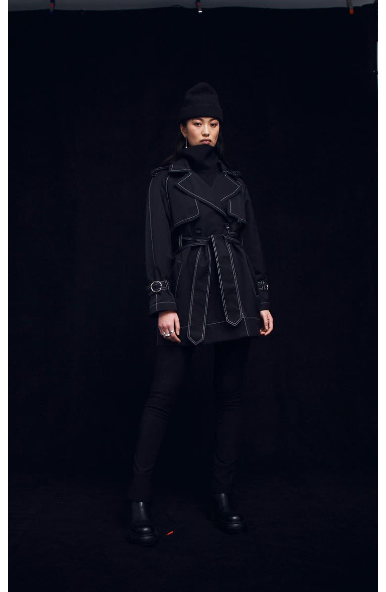CAALO Sustainable Water-Resistant Short Trench Coat, Alternate, color, Black / Off-White