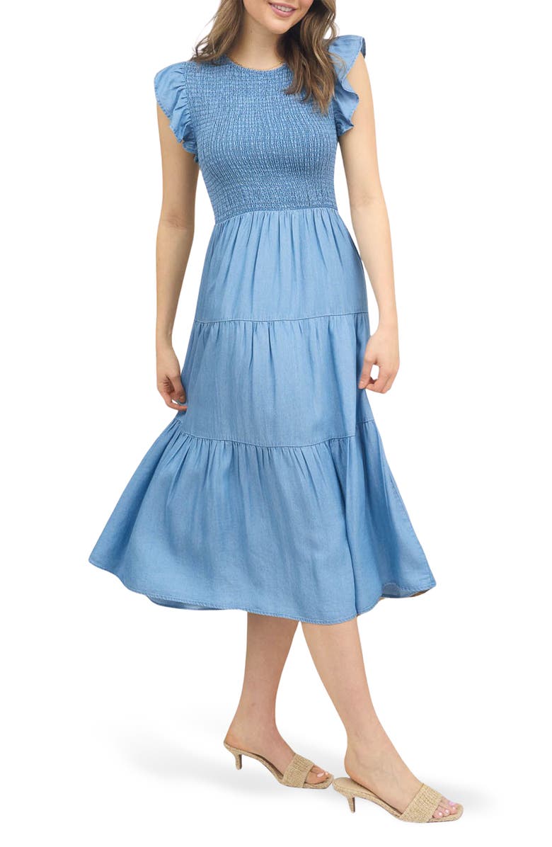 Blu Pepper Cap Sleeve Smocked Tiered Chambray Midi Dress, Alternate, color, 