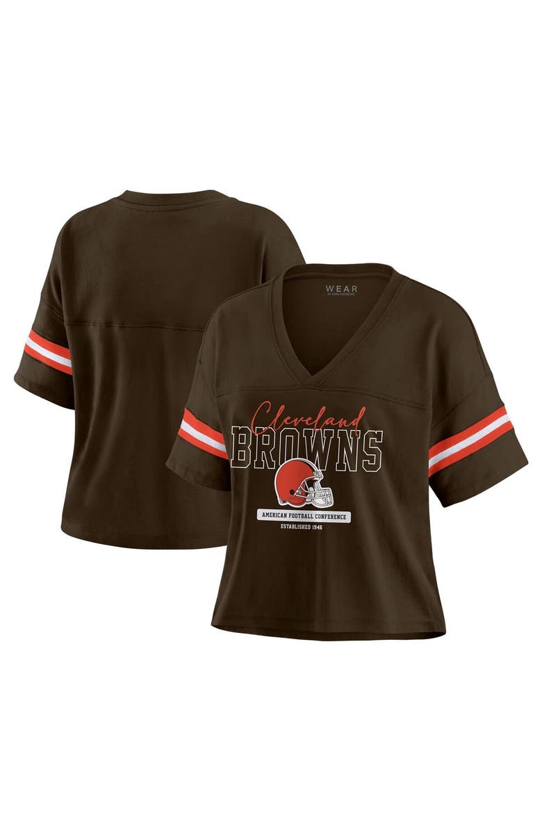WEAR by Erin Andrews Women's WEAR by Erin Andrews Brown Cleveland Browns Color Block Boxy Modest Crop V-Neck T-Shirt, Main, color, Brown
