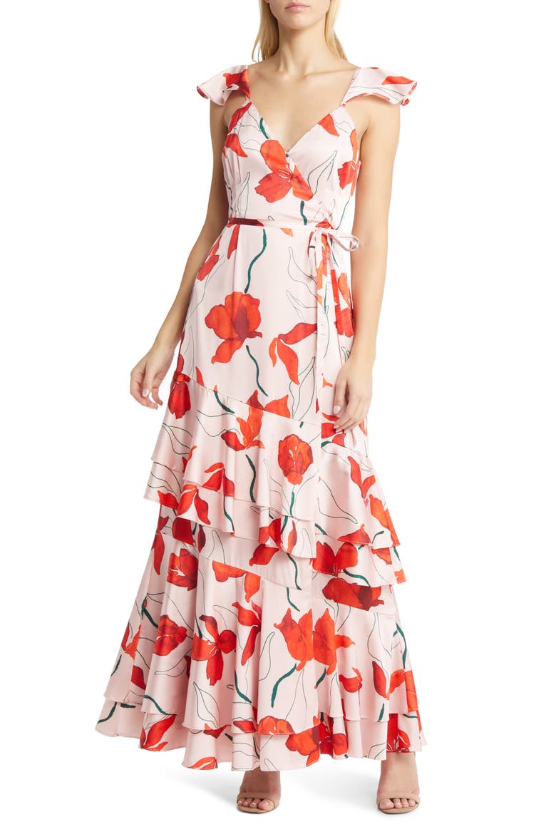 Senna Floral Tiered Wrap Maxi Dress, Main, color, BLUSH RED POPPIES SATIN
