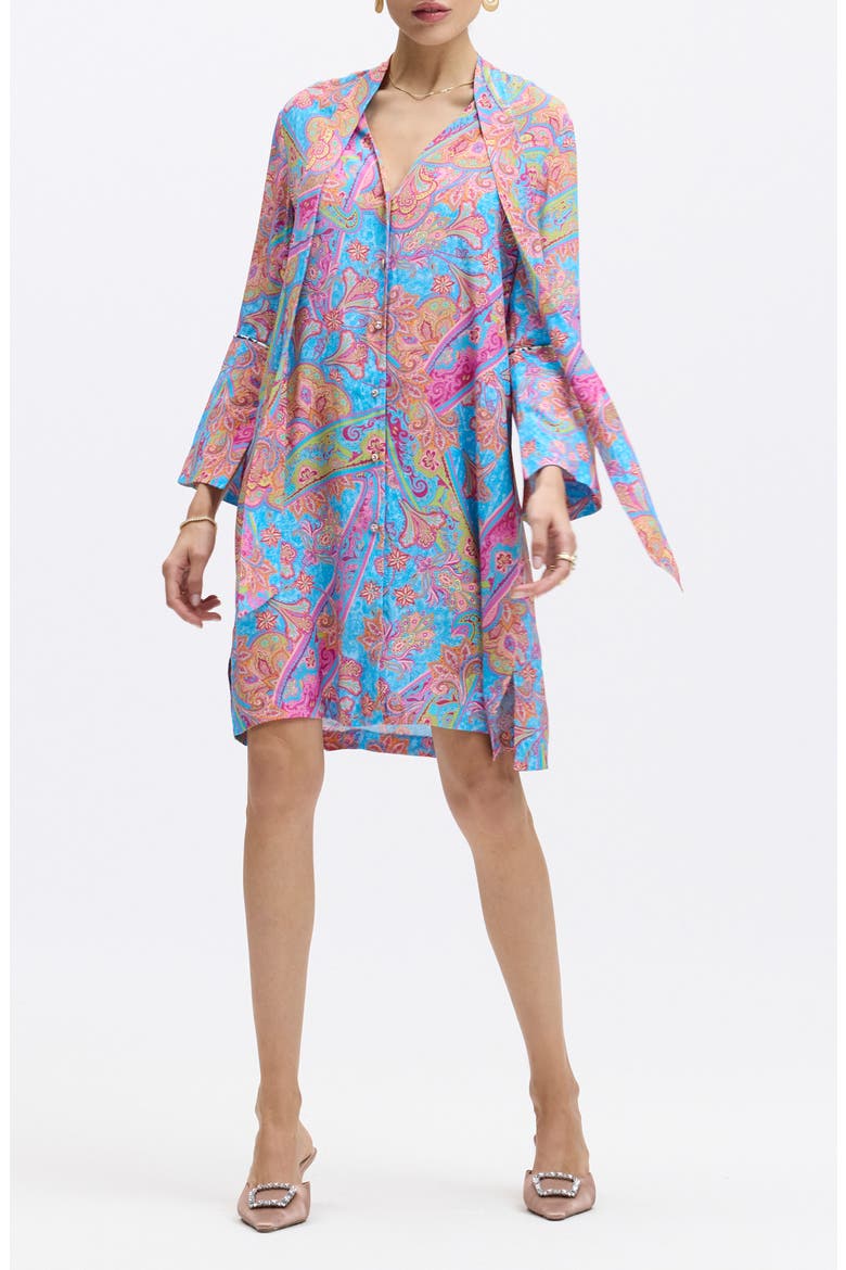 Brenna Tie Neck Long Sleeve Shift Dress, Main, color, BLUE MULTI