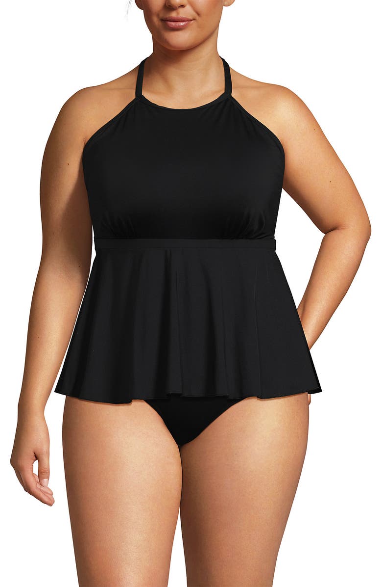 Lands' End Plus Size Flutter High Neck Halter Tankini Top, Alternate, color, Black