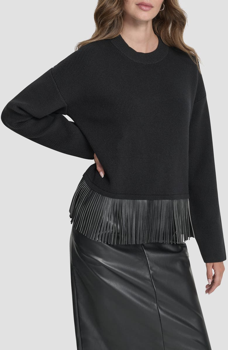 DKNY Faux Leather Fringe Sweater, Main, color, Black