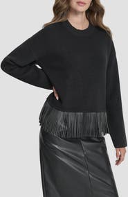 DKNY Faux Leather Fringe Sweater