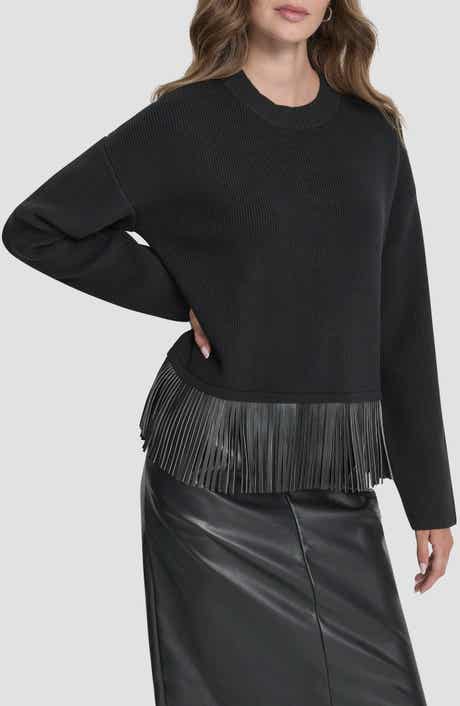 DKNY Faux Leather Fringe Sweater