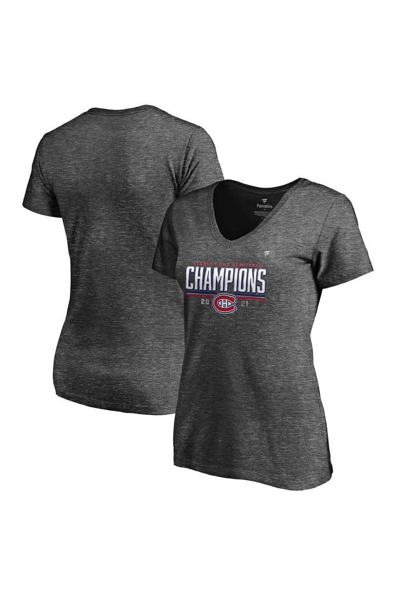Women's Fanatics Branded Heathered Charcoal Montreal Canadiens 2021 Stanley Cup Semifinal Champions Plus Size Locker Room V-Neck T-Shirt, Main, color, Heather Charcoal