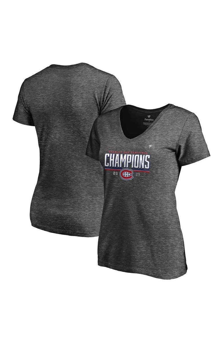 FANATICS Women's Fanatics Branded Heathered Charcoal Montreal Canadiens 2021 Stanley Cup Semifinal Champions Plus Size Locker Room V-Neck T-Shirt, Main, color, 