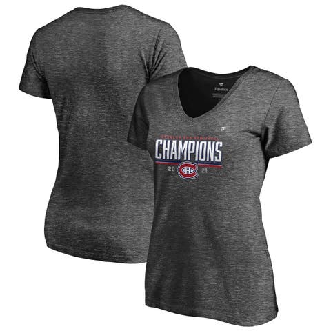 Women's Fanatics Branded Heathered Charcoal Montreal Canadiens 2021 Stanley Cup Semifinal Champions Plus Size Locker Room V-Neck T-Shirt