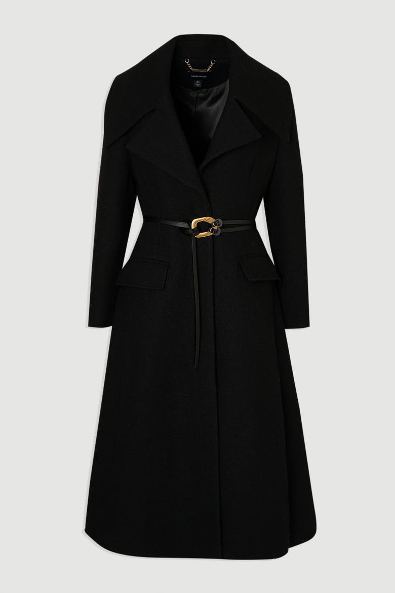 Wool Shawl Collar Belted Midi Coat, Alternate, color, Black