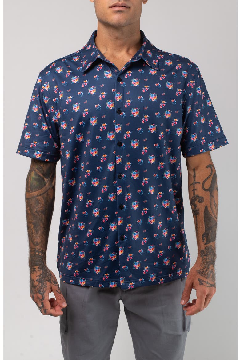 Aqua Terra Multi Floral Tech Short Sleeve Performance Button-Up Shirt, Main, color, NAVY MULTI