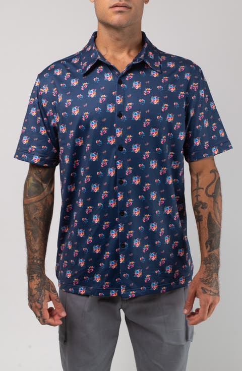 Aqua Terra Multi Floral Tech Short Sleeve Performance Button-Up Shirt