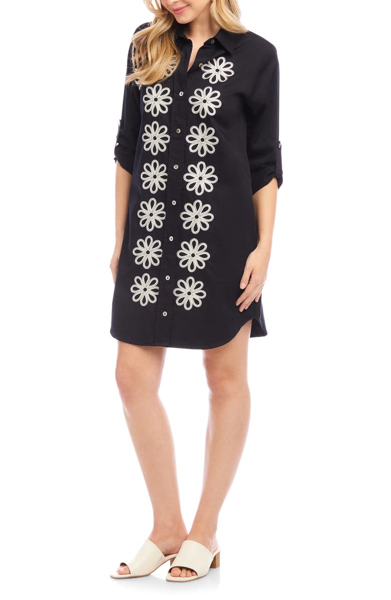 Karen Kane Embroidered Long Sleeve Cotton Shirtdress, Alternate, color, Black/ Cream