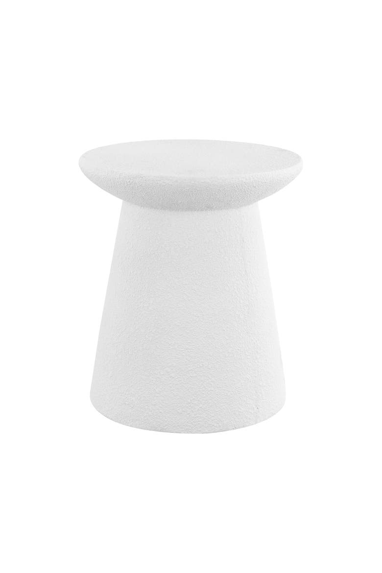 Hollie Minimalist Frosted Polyresin Indoor/Outdoor Accent Table, All-Weather Textured Round Pedestal Side Table & Stool, Main, color, White Frosted