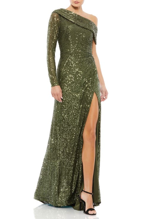 Sequined Drop Shoulder Faux Wrap Gown