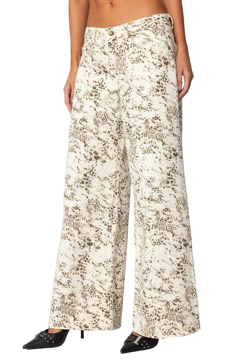 Snow Leopard Print Low Rise Wide Leg Jeans, Alternate, color, CREAM