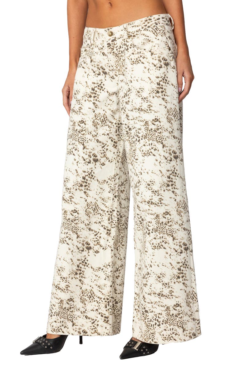 EDIKTED Snow Leopard Print Low Rise Wide Leg Jeans, Alternate, color, Cream