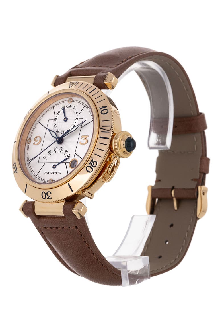 Pasha Preowned Automatic Faux Leather Strap Watch, 38mm, Alternate, color, BROWN/ GOLD/ SILVER