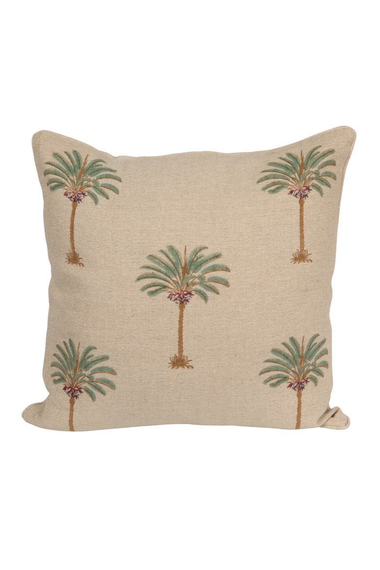 Cotton Linen Blend Block Printed Pillow with Palm Trees, Natural, Green and Brown, Main, color, Natural
