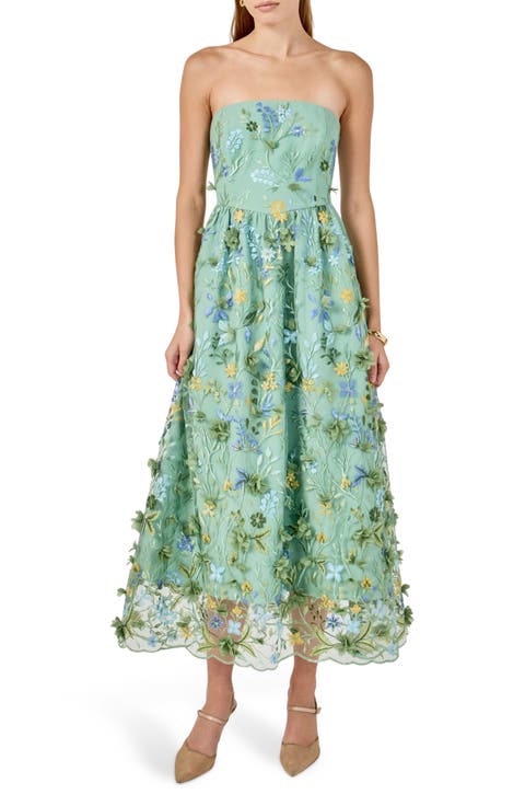 Strapless 3D Floral Embroidered Maxi Dress