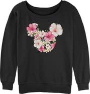Mickey & Friends Junior's Pink Floral Logo Long Sleeve Oversized Sweatshirt