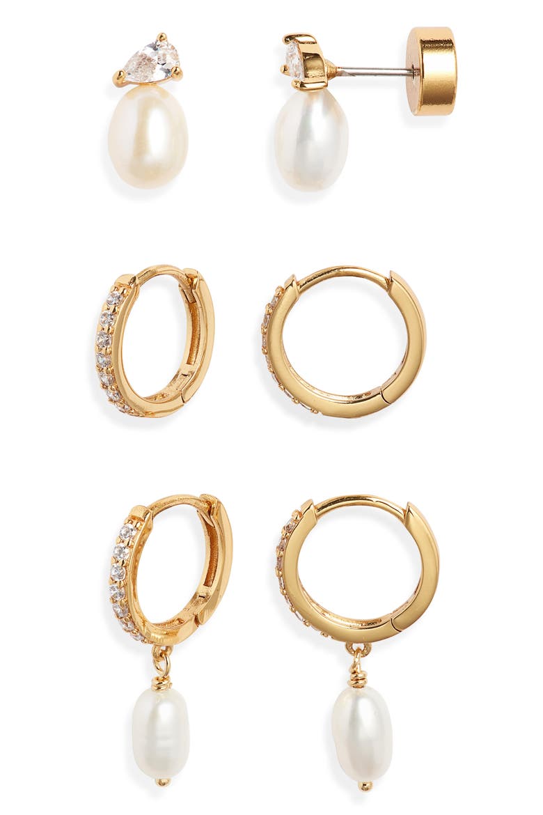 Set of 3 Stud and Hoop Earrings, Main, color, 14K GOLD PLATED