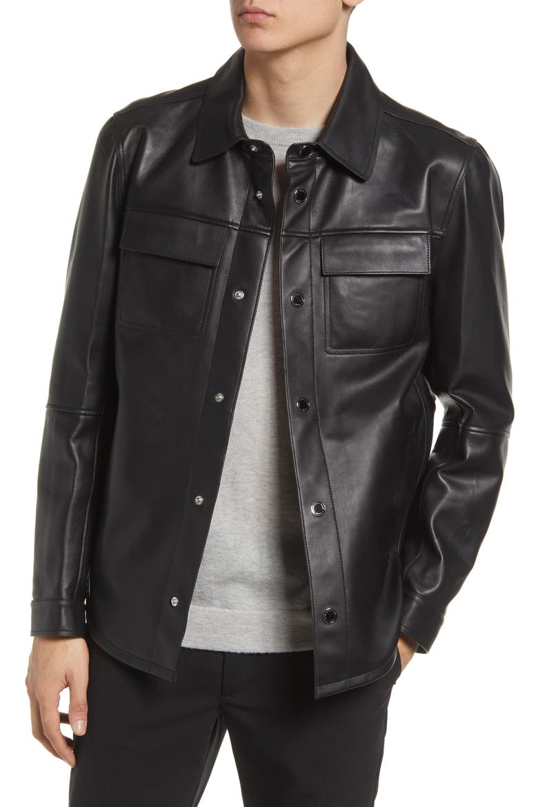 Men's Leather Shirt Jacket, Main, color, BLACK