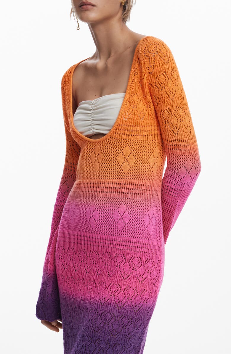 Desigual Colorblock Long Sleeve Open Stitch Cotton Cover-Up Dress, Alternate, color, Orange