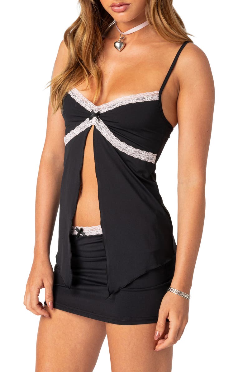 EDIKTED Sorely Lace Trim Split Front Camisole, Alternate, color, Black