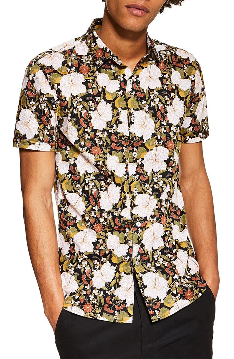 Topman Stretch Skinny Fit Floral Shirt, Main, color, 