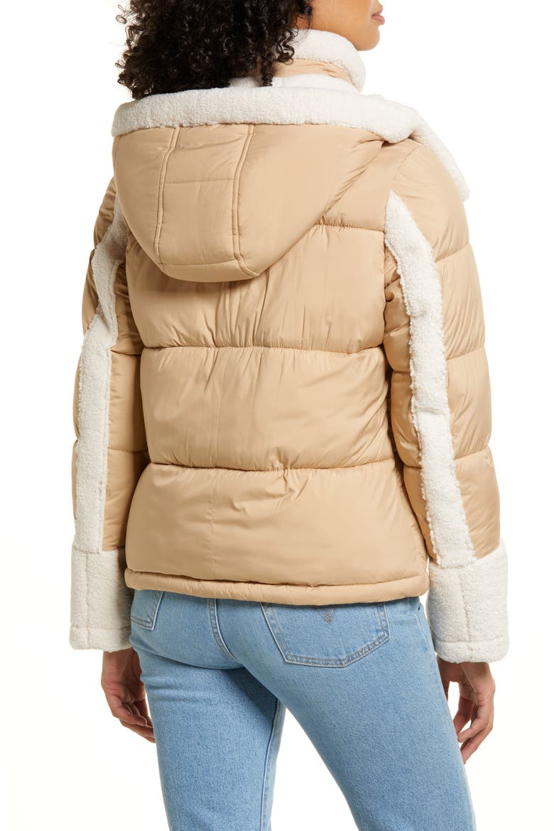 Mixed Media Puffer Jacket with Faux Fur Trim, Alternate, color, SAND