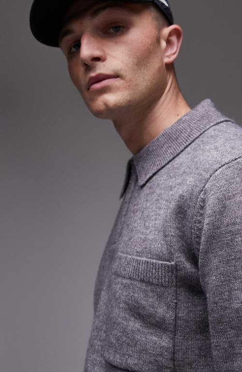 Topman Knitted Long Sleeve Zip Polo In Grey