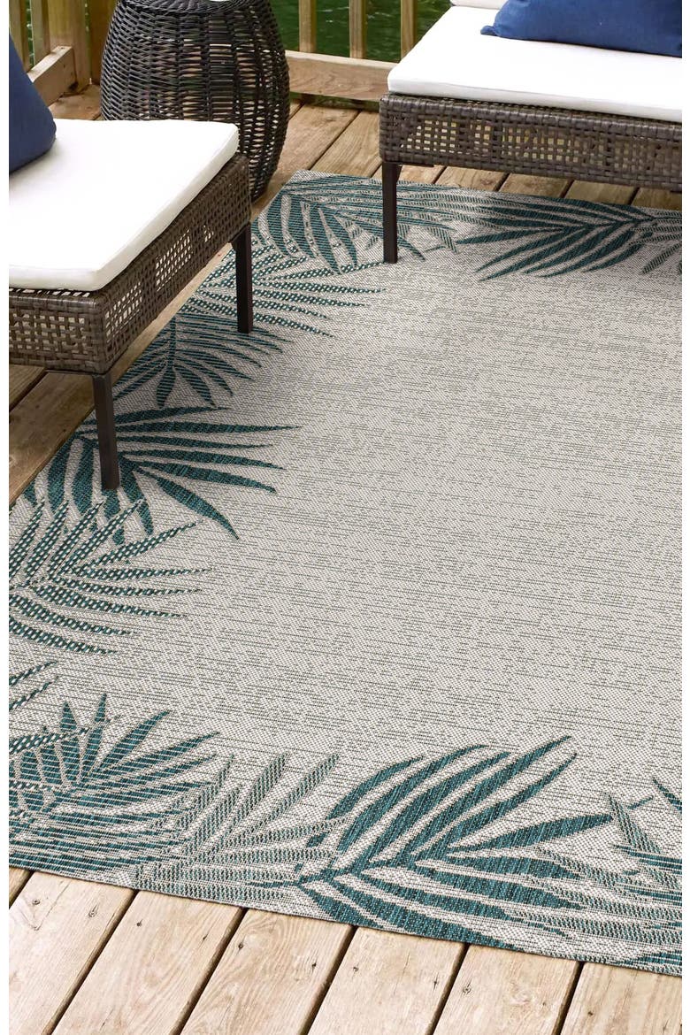 Isla Coastal Cottage Palm Frond Border Indoor/Outdoor Area Rug, Alternate, color, Blue/Cream