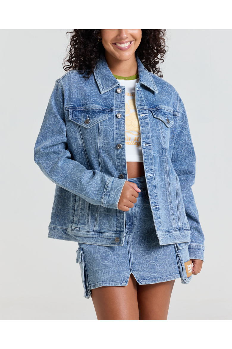 Smiley Oversized Denim Jacket, Alternate, color, BLUE