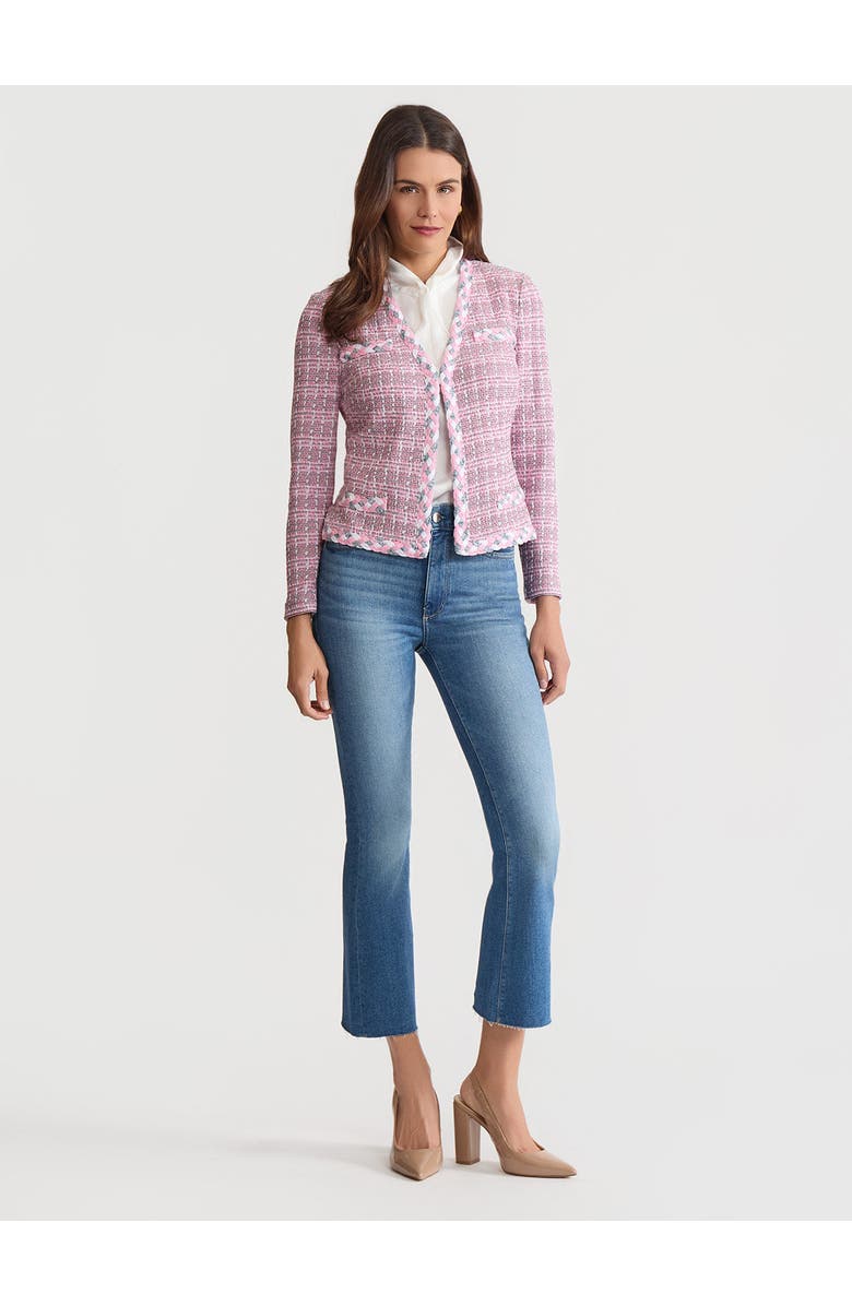 Misook Tailored Braided Trim Tweed Knit Jacket, Main, color, Pink/Blue/Black/White