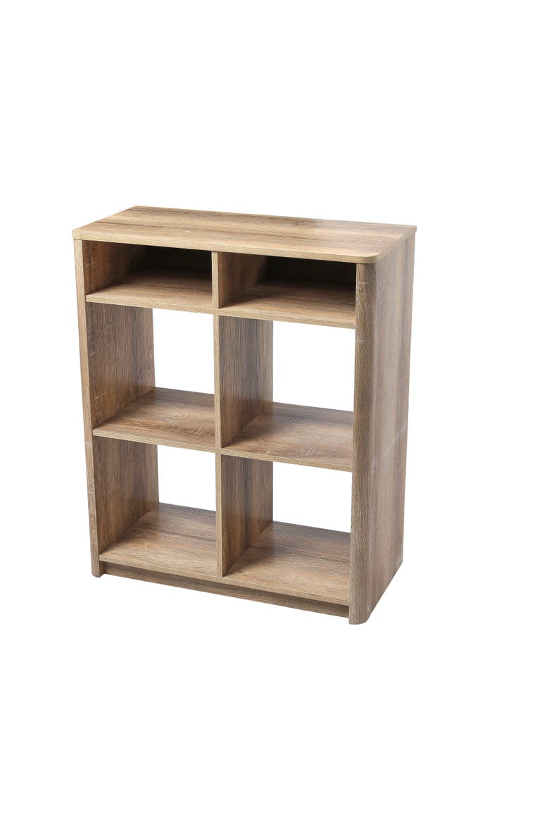 Radius Console Table Shelf with 4 Square Cube Storage Compartments, Coastal Oak, Main, color, Brown