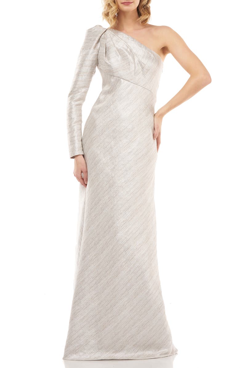 Kay Unger Metallic Stripe One-Shoulder Trumpet Gown, Main, color, 